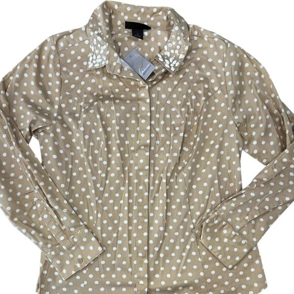 Lane Bryant NWT Polka Dot Shirt Top 14 Beige Rhinestone Collar Long Sleeve - Picture 1 of 12